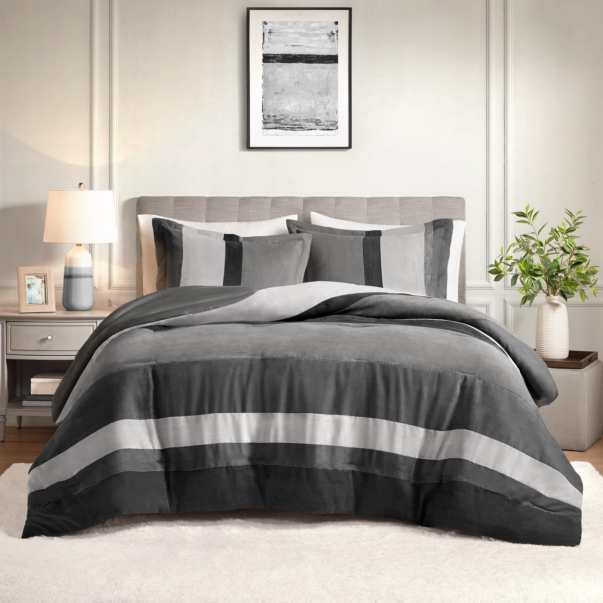 Comfort Spaces Queen Comforter Set, 3 Piece Luxe Microsuede, Pieced Design Color Block Stripes Bedding Comforter Sets, All Seaso